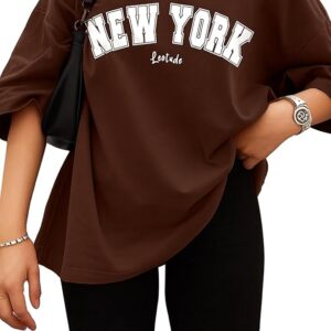 LEOTUDE Cottonblend Half Sleeve Oversized Tshirt for Women, Round Neck Longline Printed Drop Shoulder Baggie T-Shirt (Color Brown)